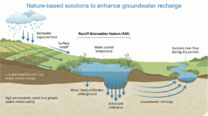 Conceptual diagram showing how a runoff attenuation feature enhances groundwater recharge and supports baseflow in chalk streams using a nature-based approach.